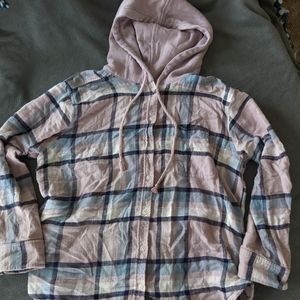 American Eagle Pink Plaid Hooded Flannel Shirt